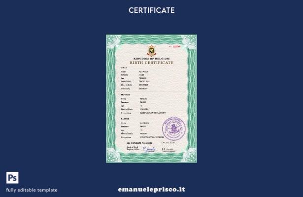 modello PSD del certificato di nascita dello stato di stato belga in stile verif